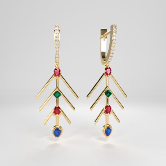 Embrace Collection Branch Earrings precious stones, Yellow Gold
